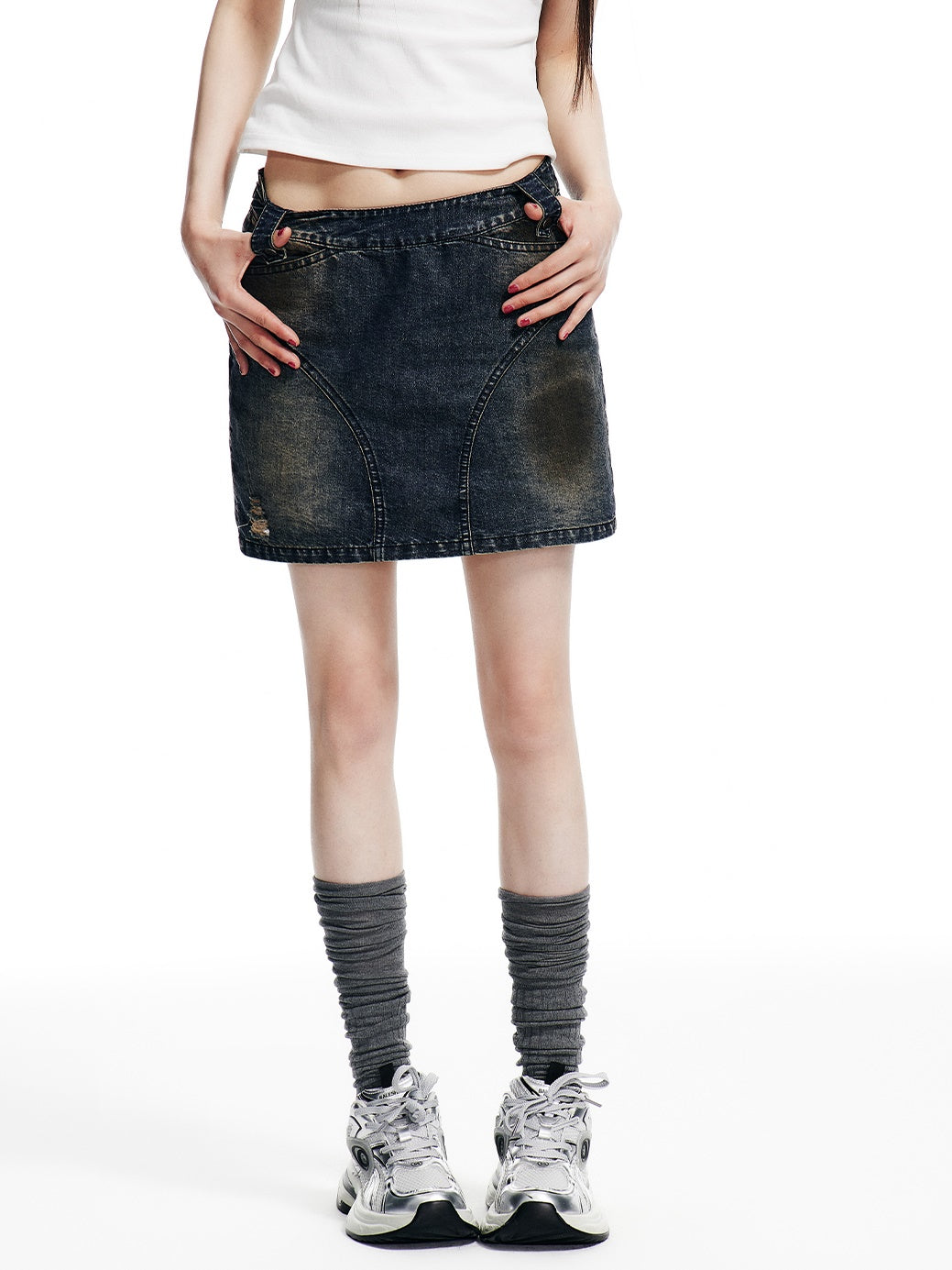 Holes Washed Denim Skirt