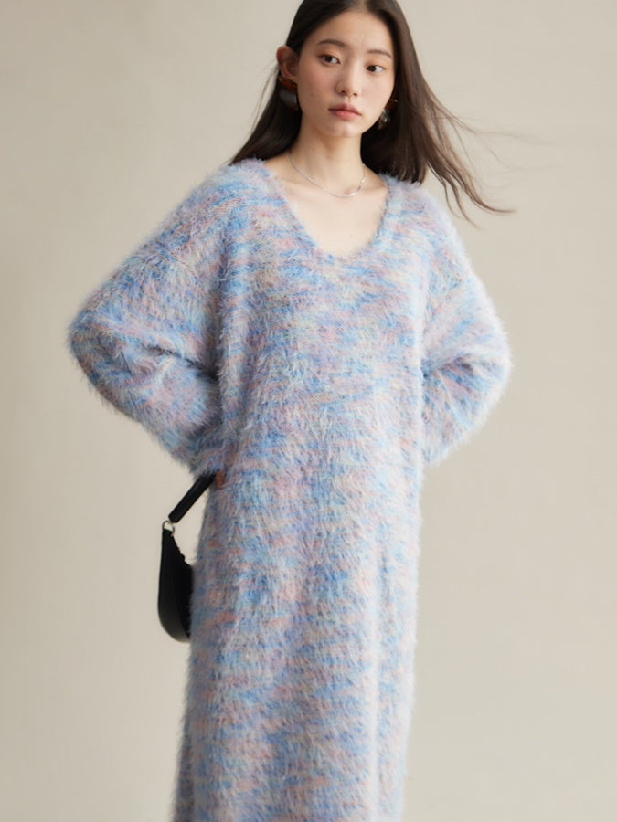 Mix Color Shaggy Touch Pullover Knitted ＆ Dress