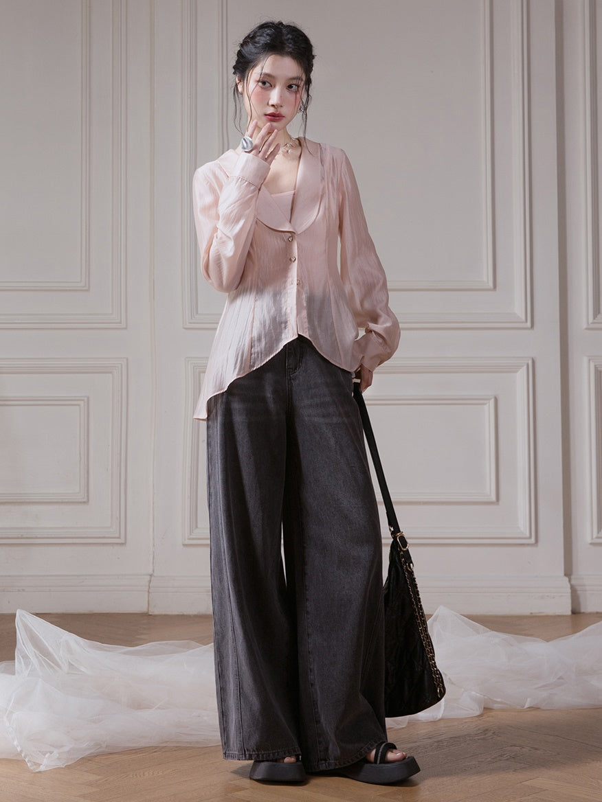 U-neck Shawl Collar Transparent Fishtail Shirt With Camisole