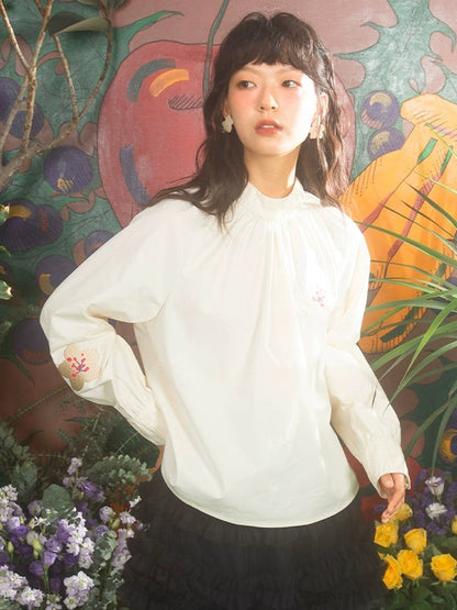 Cherry Blossom Embroidery Bottle-neck Shirt