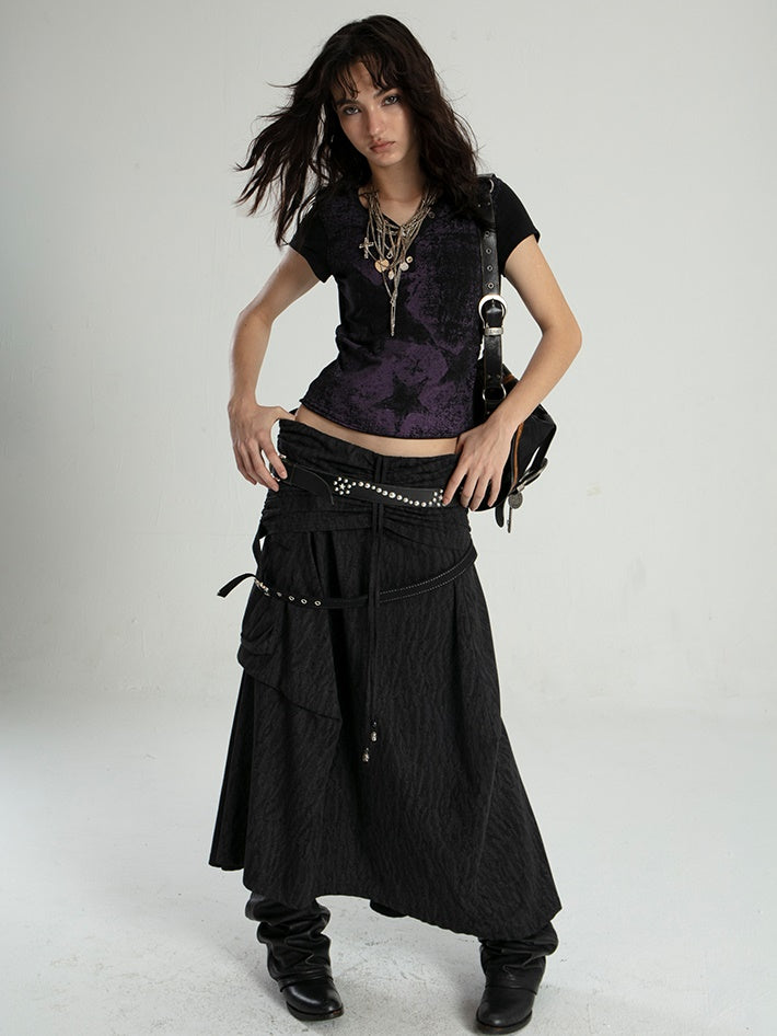 Tribal Style Irregular Segmentation Pleated Long Skirt