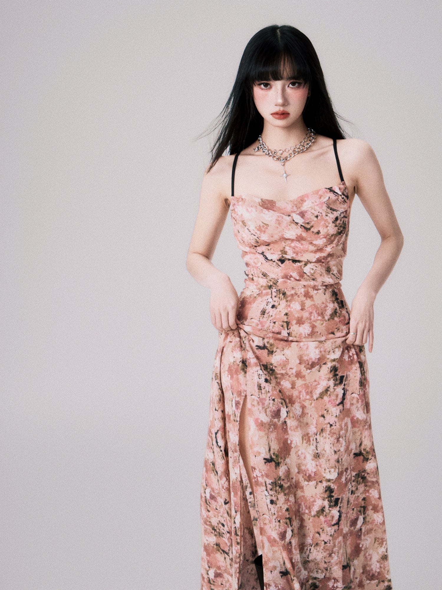 Swing Neck Backless Floral Suspender Dress