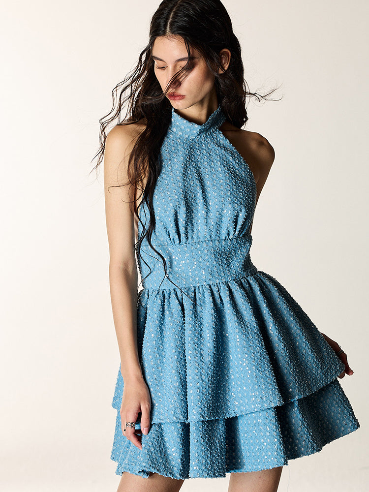 Sequin Embroidered Denim Bow Tiered Dress