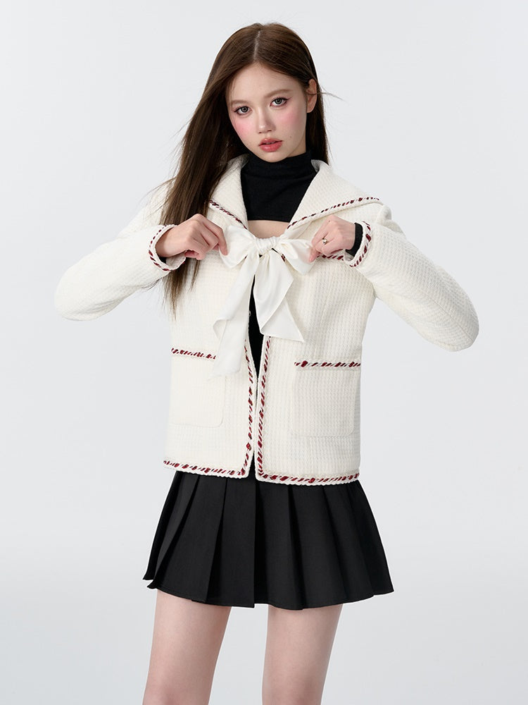 College -Style -Marinekragen Bow Tweed gepolsterte Jacke