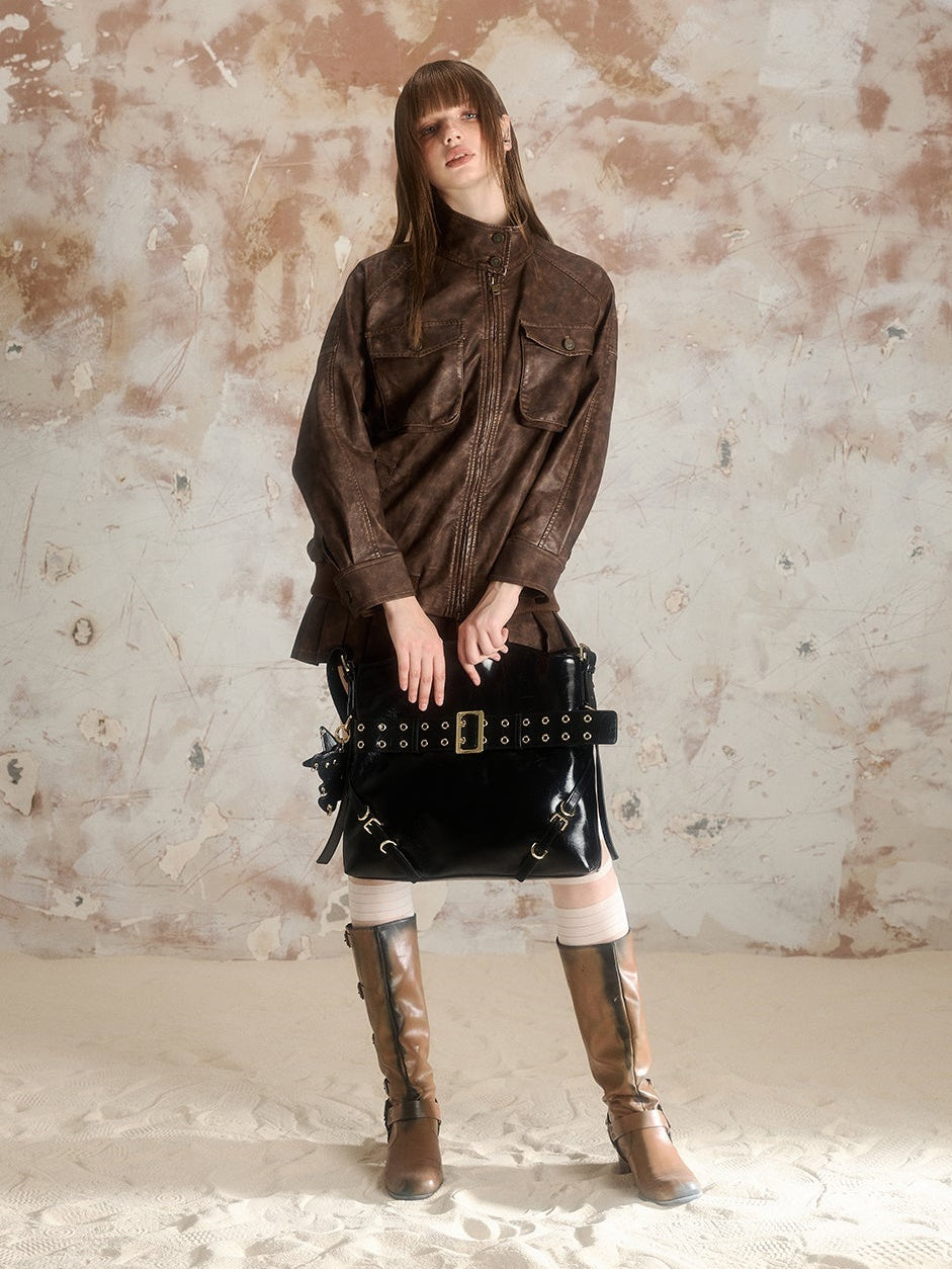 Retro Stand Collar Leather Jacket ＆ Pleat Skirt