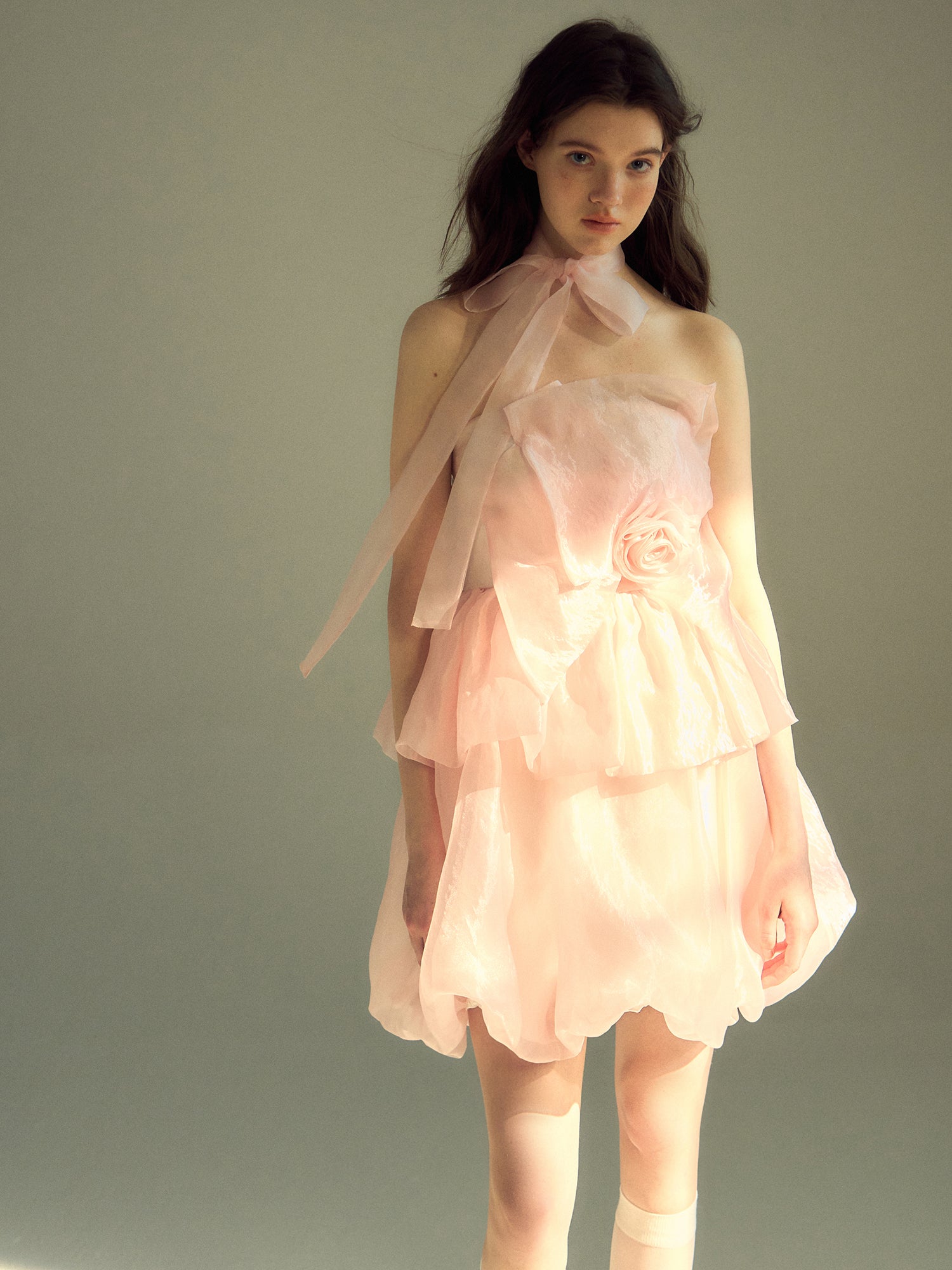 THREE-DIMENSIONAL Rose Organza Bare Top Dress