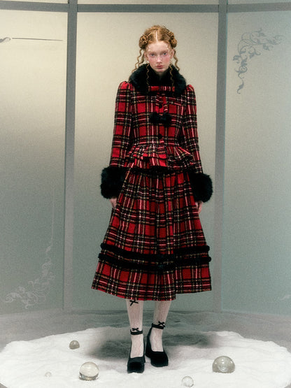 Plaid Detachable Fur Collar Fur Ball Short Coat &amp; Mid-Length Skirt