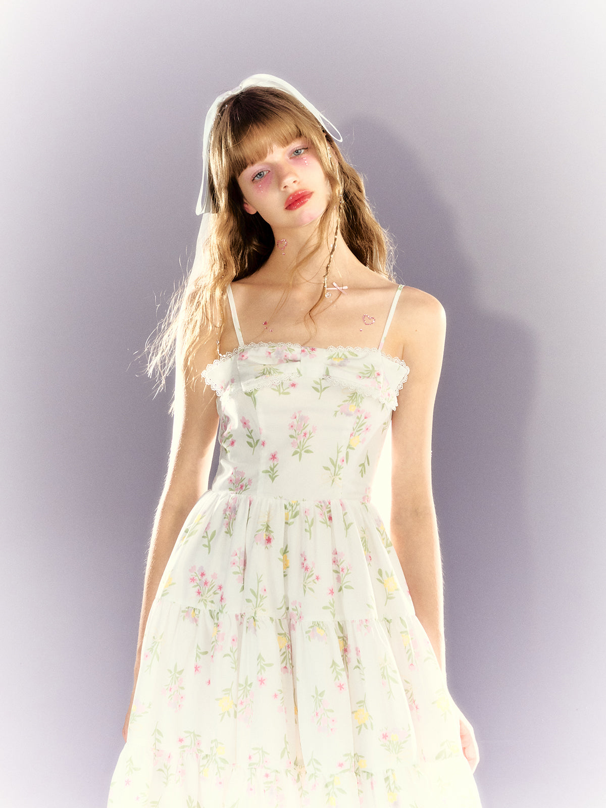 Floral Lace Bow Suspender Tiered Dress