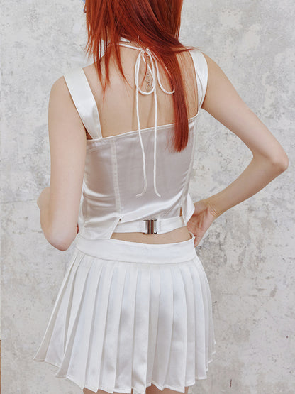 Shiny Suspender Top &amp; Low Waist Pleated Skirt