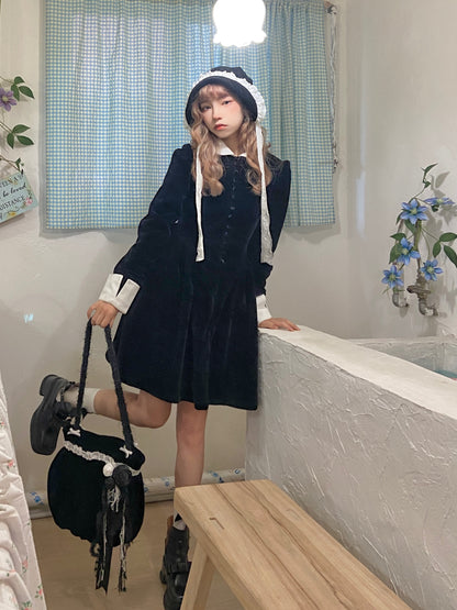 Velvet Puff Sleeves Doll Dress