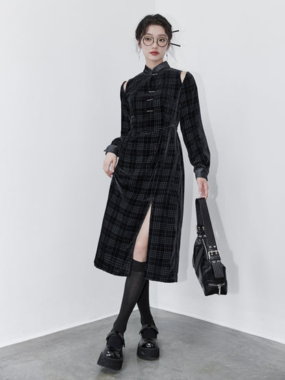 Chinese Style Houndstooth Velvet Stand Collar Dress