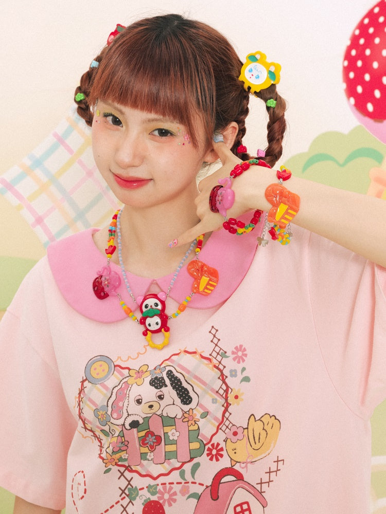 Doll Collar Printed Short-sleeved T-shirt One-piece