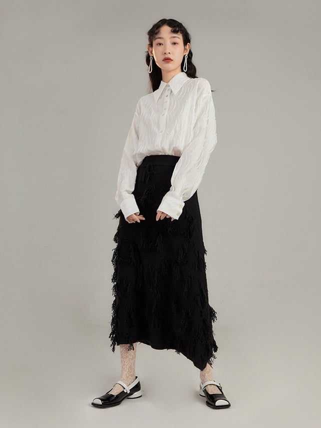 Irregular Jacquard Fringe A-line Mid-length Skirt