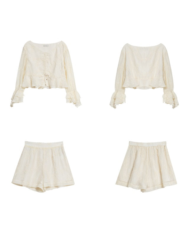 Floral Embroidered Drawstring Shirt &amp; Shorts Set-up