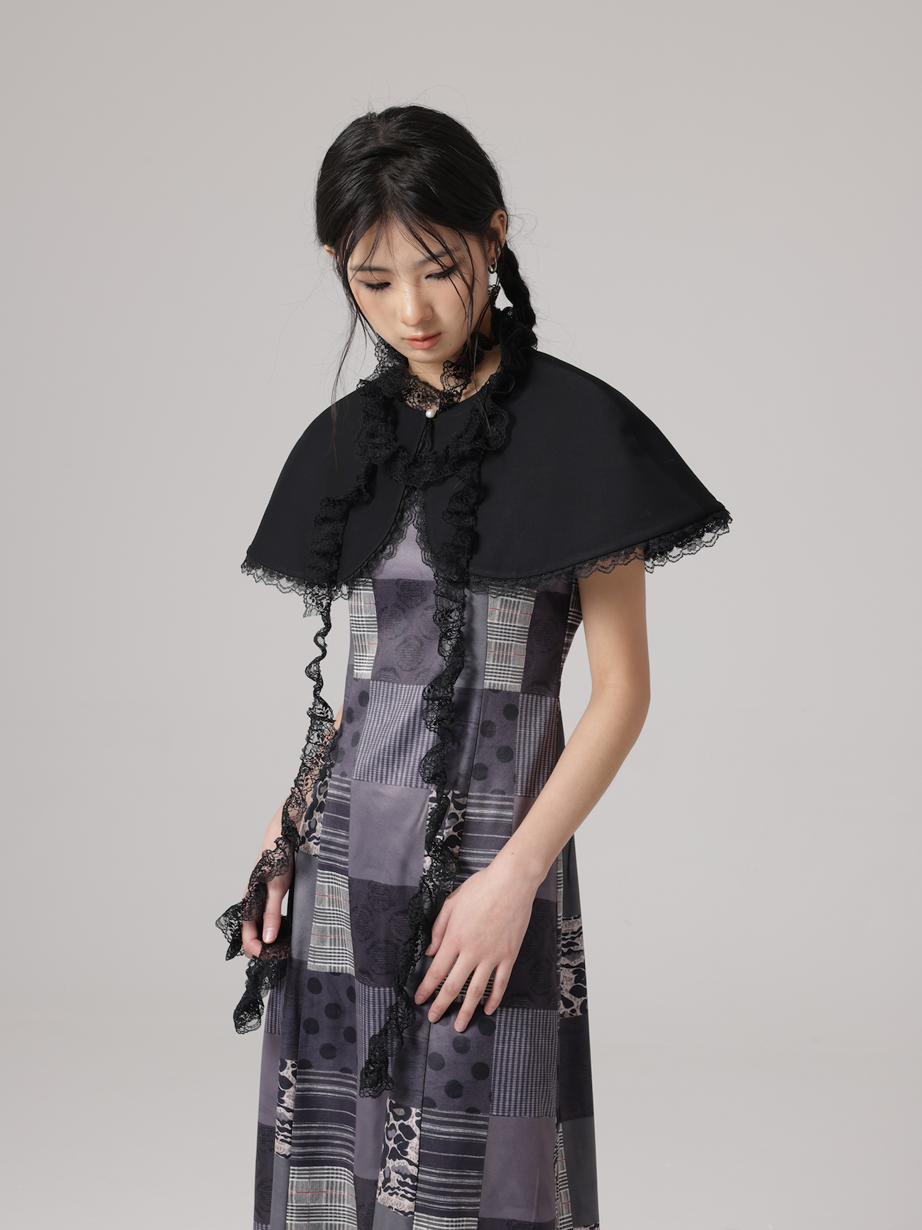 Patchwork Mosaic Printing Dress &amp; Lace Scarf &amp; Cloak 3piece Set