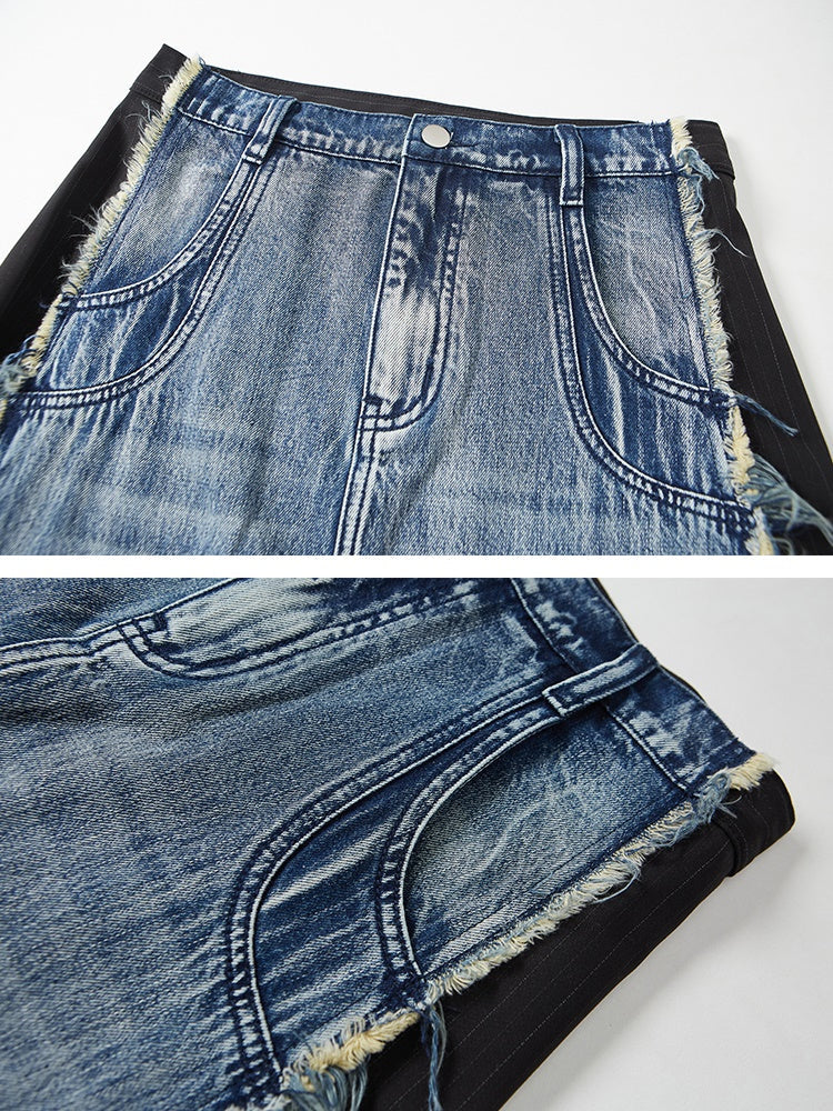 Geometric Cut Washed Raw Edge Denim Patchwork Skirt