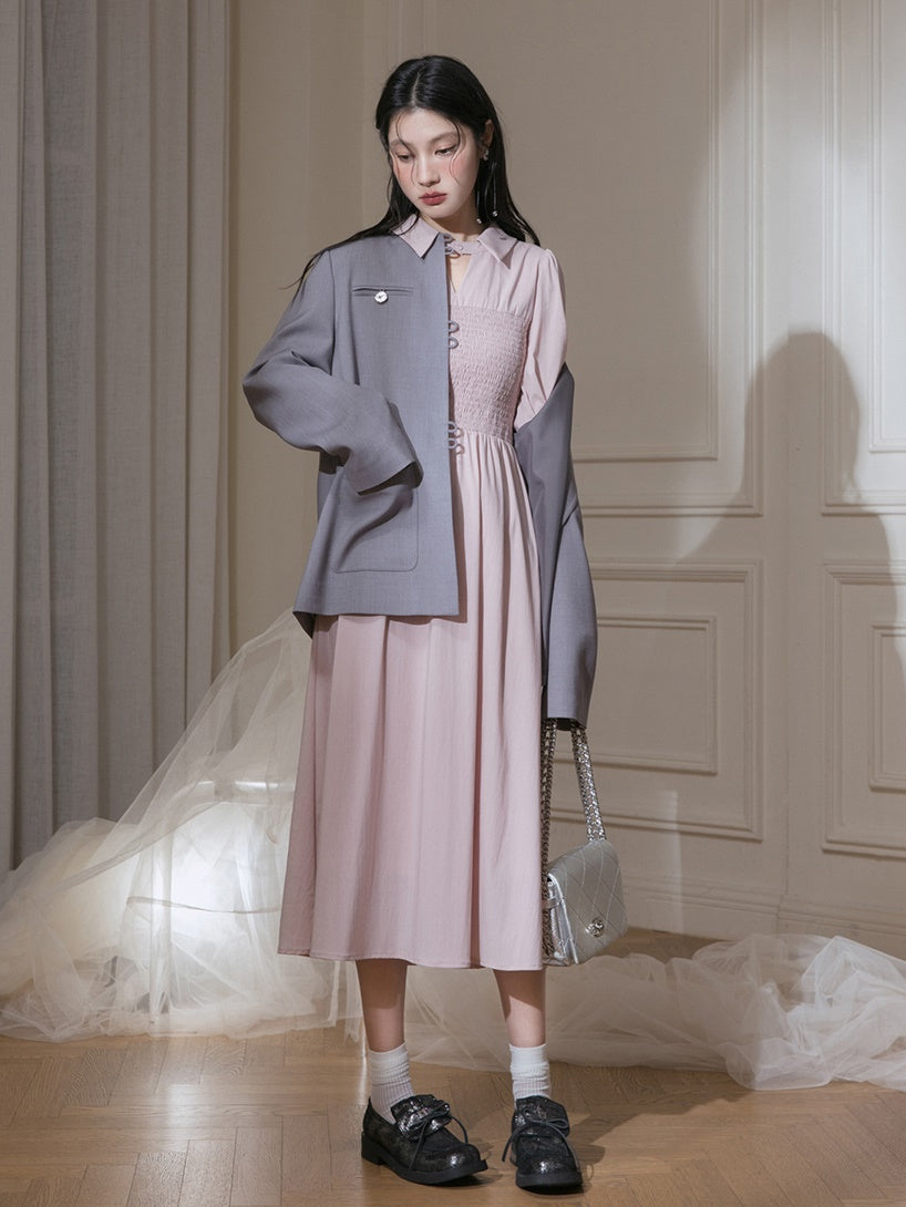 Chinese Style No-Collar Jacket ＆ Vest ＆ Pleated Skirt Set-up