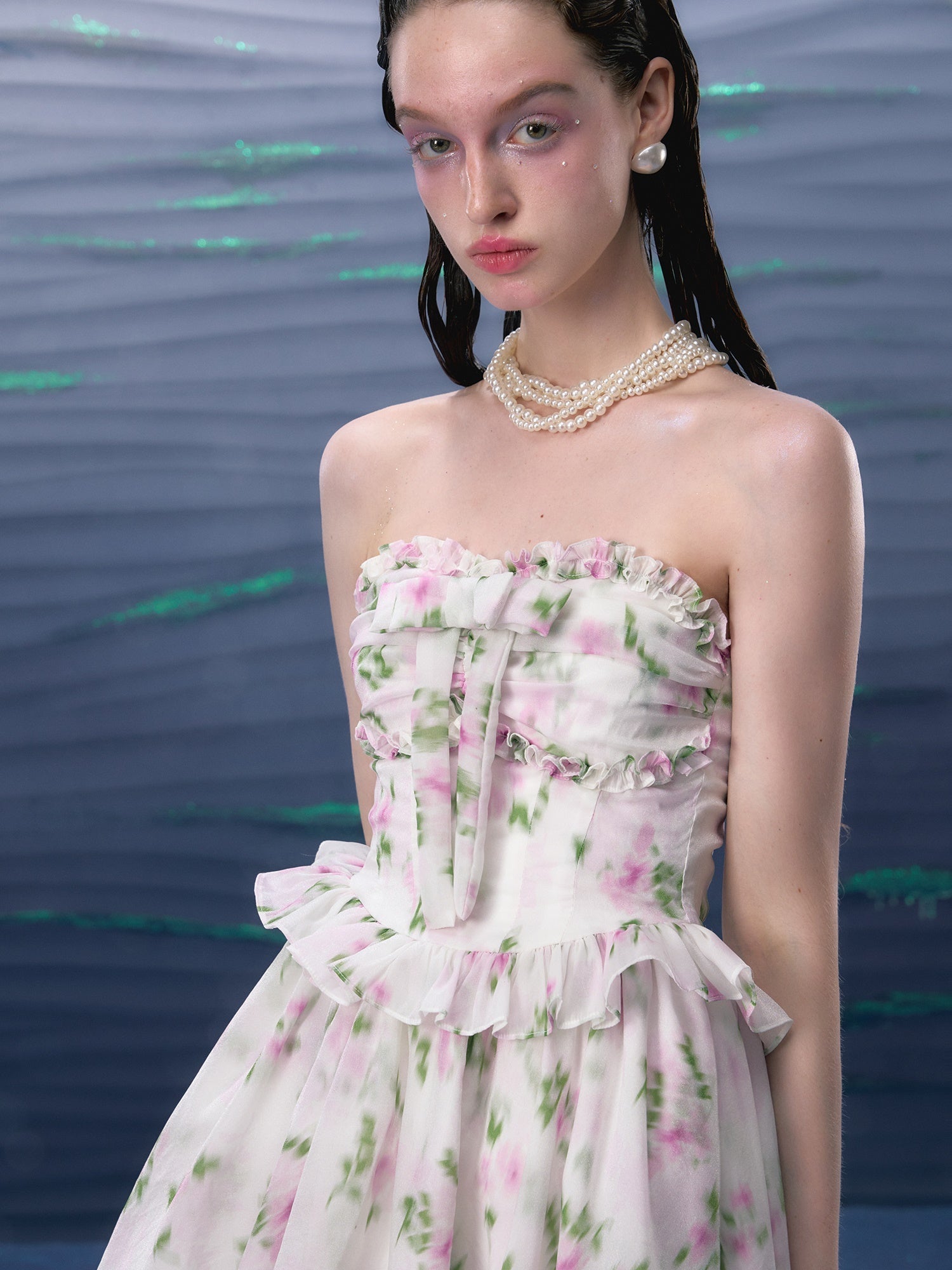 Flower Bow Bare Top Frill Fishtail Dress