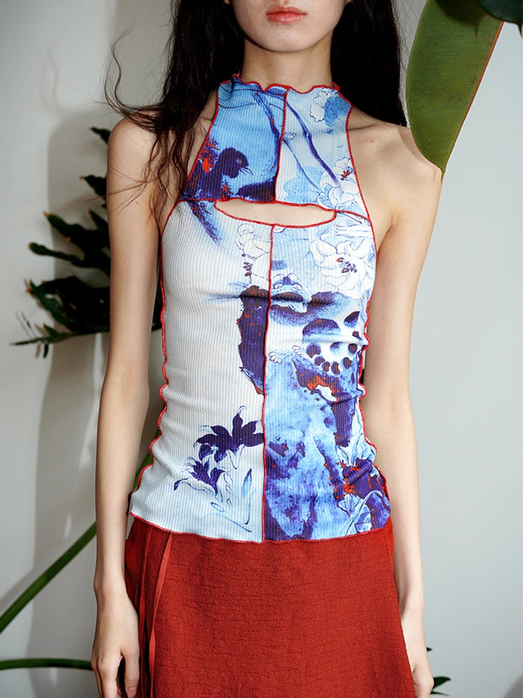 Chinese Printing Slim Stand Collar Tank Top