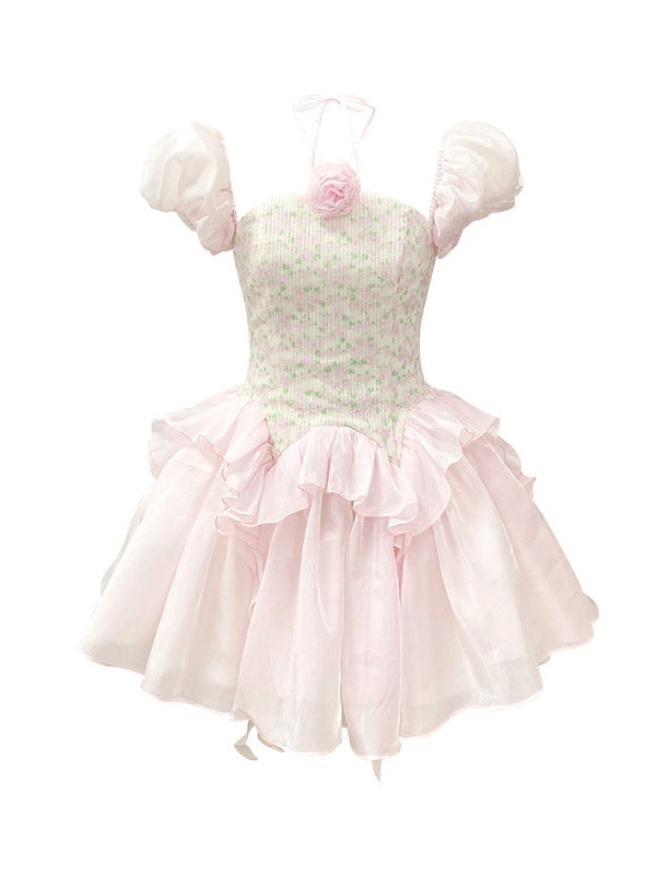 Floral Sequined Bud Short-sleeved Princess Dress