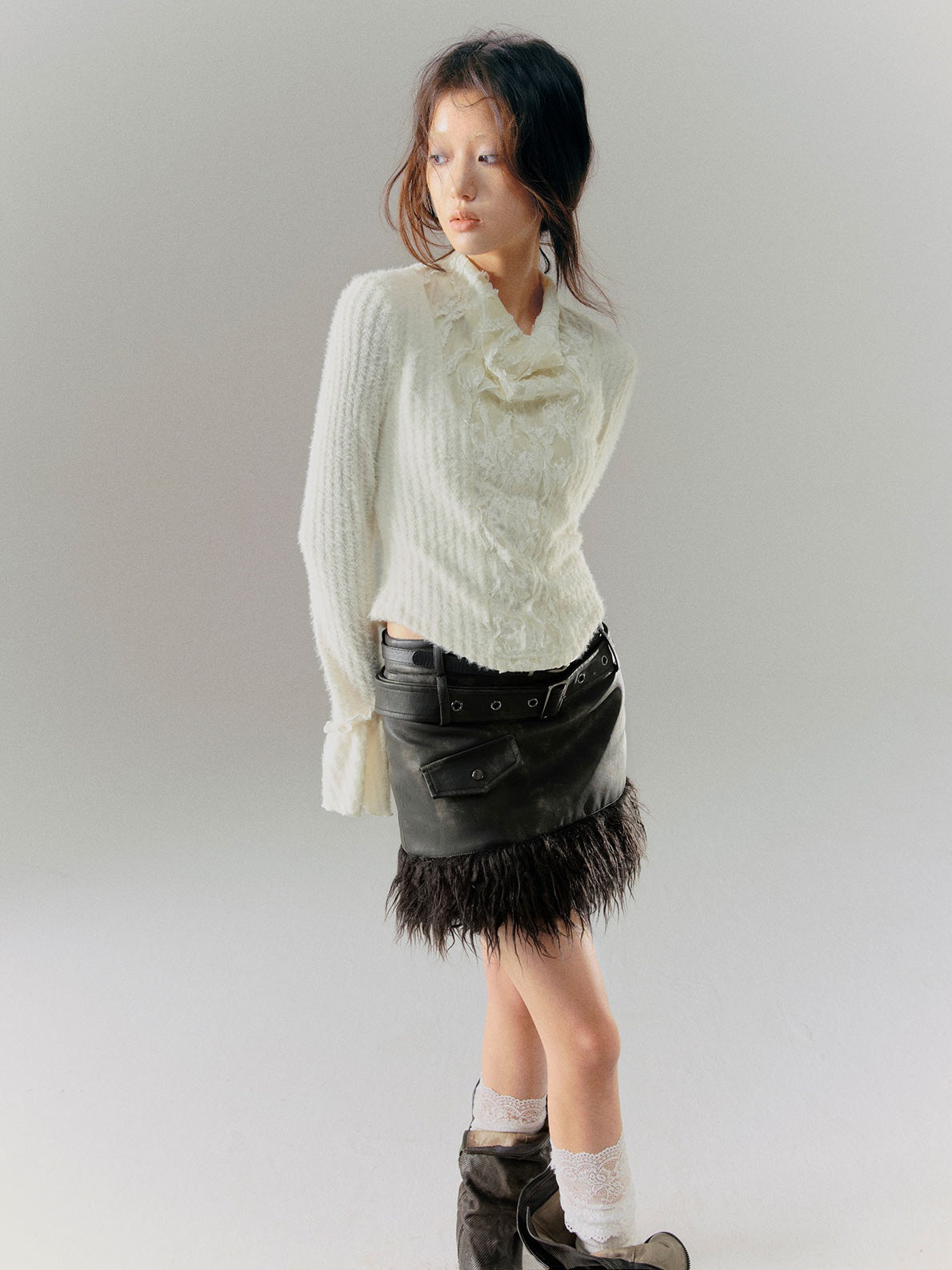 Retro Stitching Fur Double Belt Tie-dye Leather Skirt