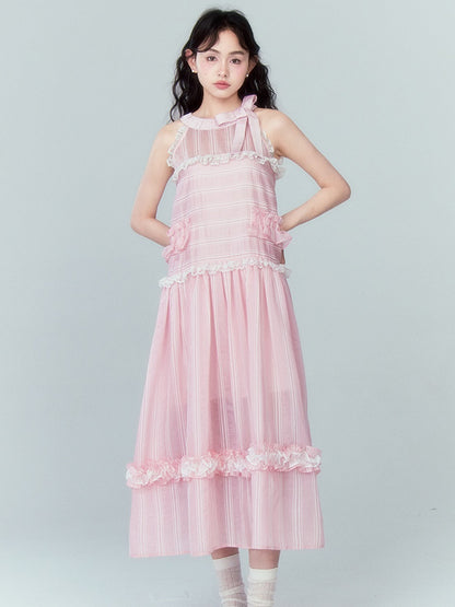 Ruffled A-line Ribbon Hanging Neck Cake One-piece