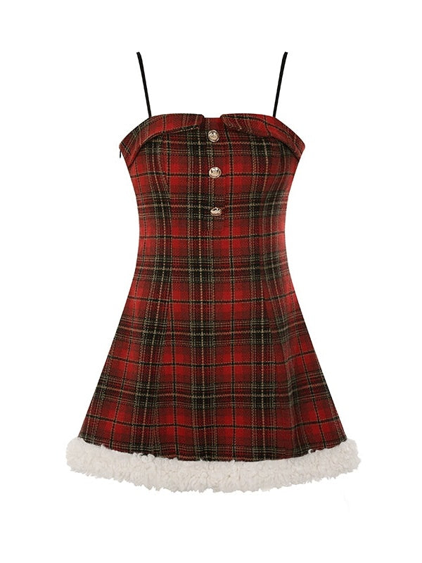 Plaid Woolen Splicing Furry Slip Dress