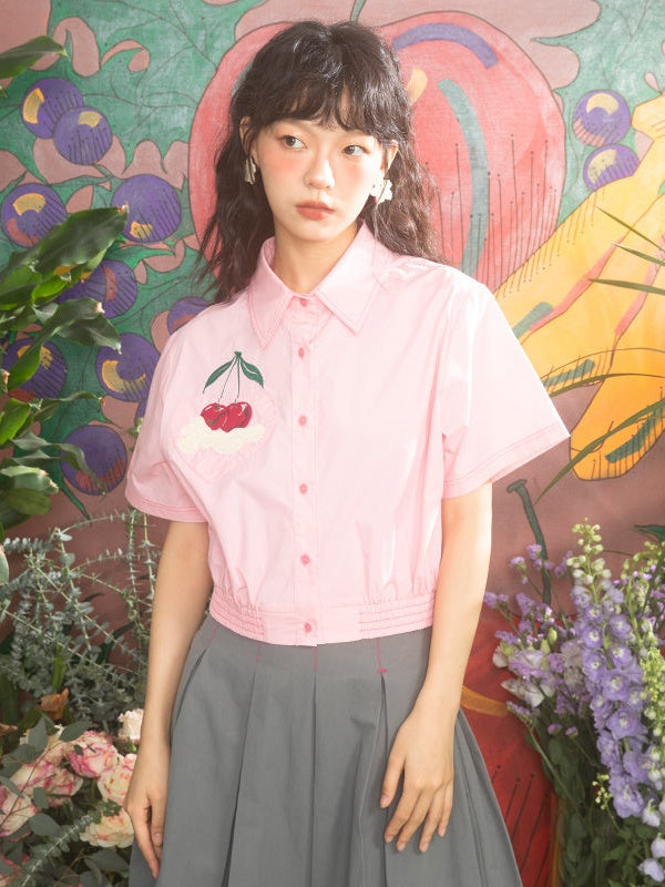 Retro Cream Cherry Embroidered Short-sleeved Shirt