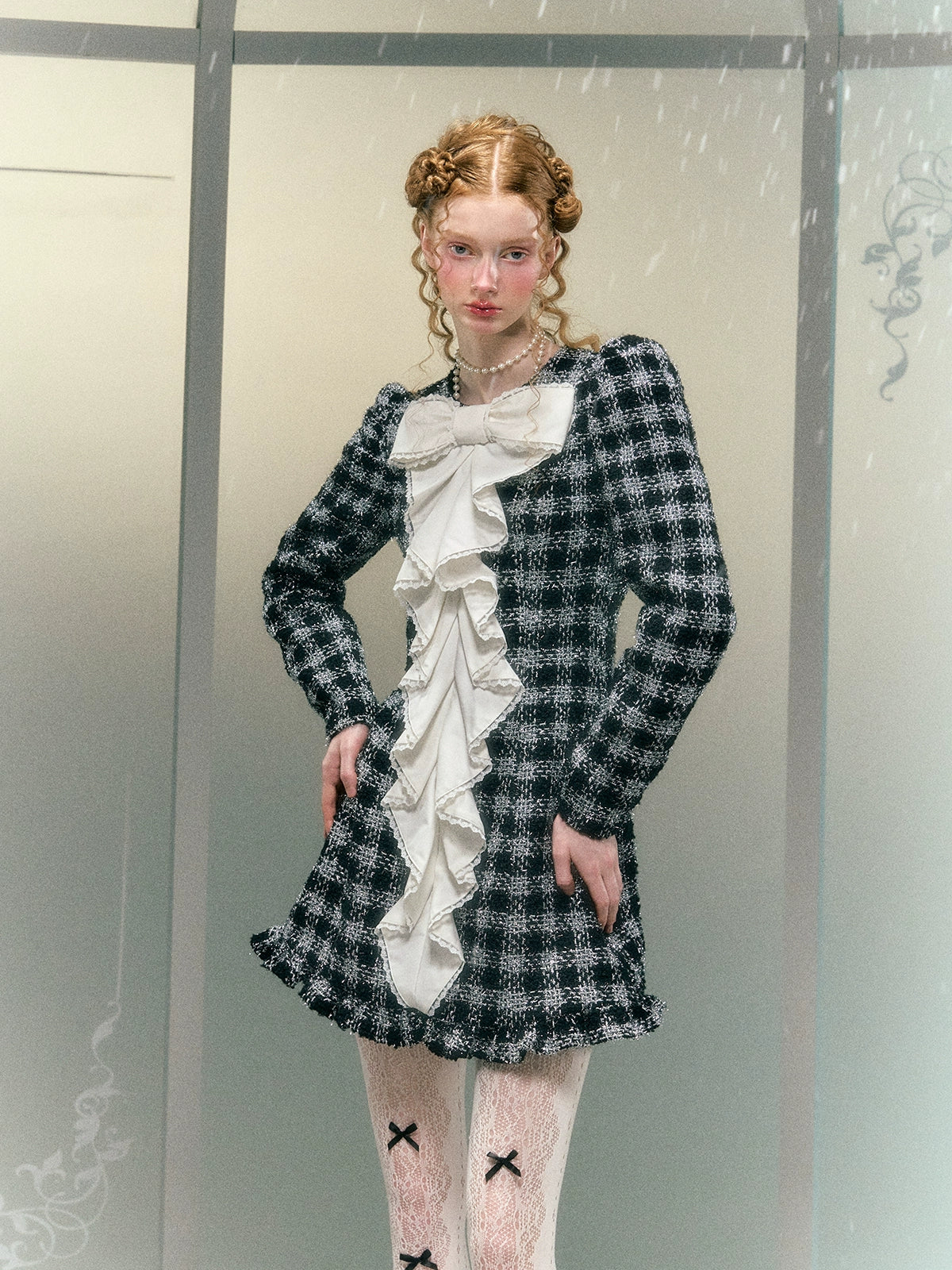 Plaid Overhow Bug Lace Puff Ärmeln enge Kleid