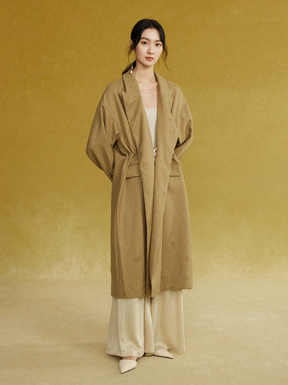 Drawstring Waist Frayed Long Coat