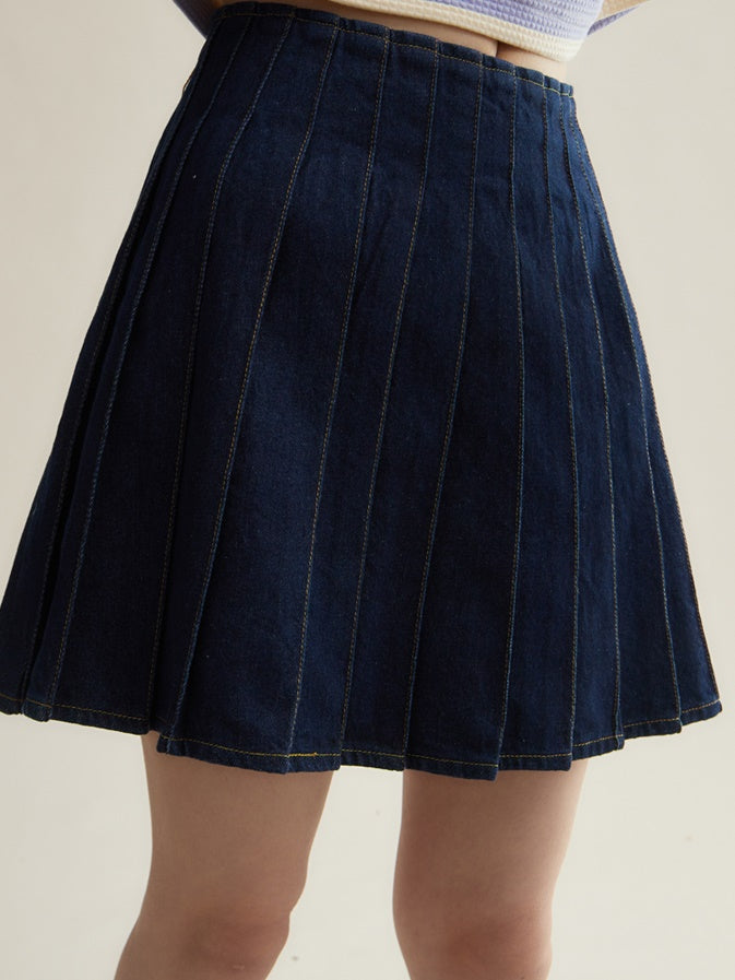 A-line Short Denim Pleated Skirt