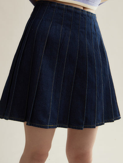 A-line Short Denim Pleated Skirt