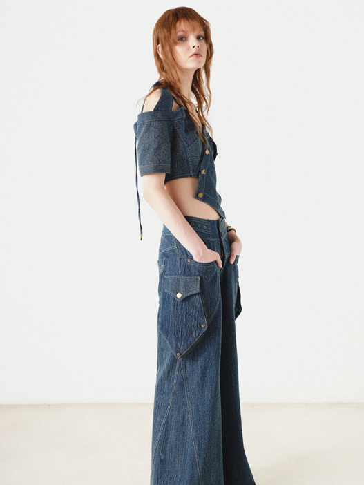 Denim-Asymmetrie-Halfter-Neck-Top-Top