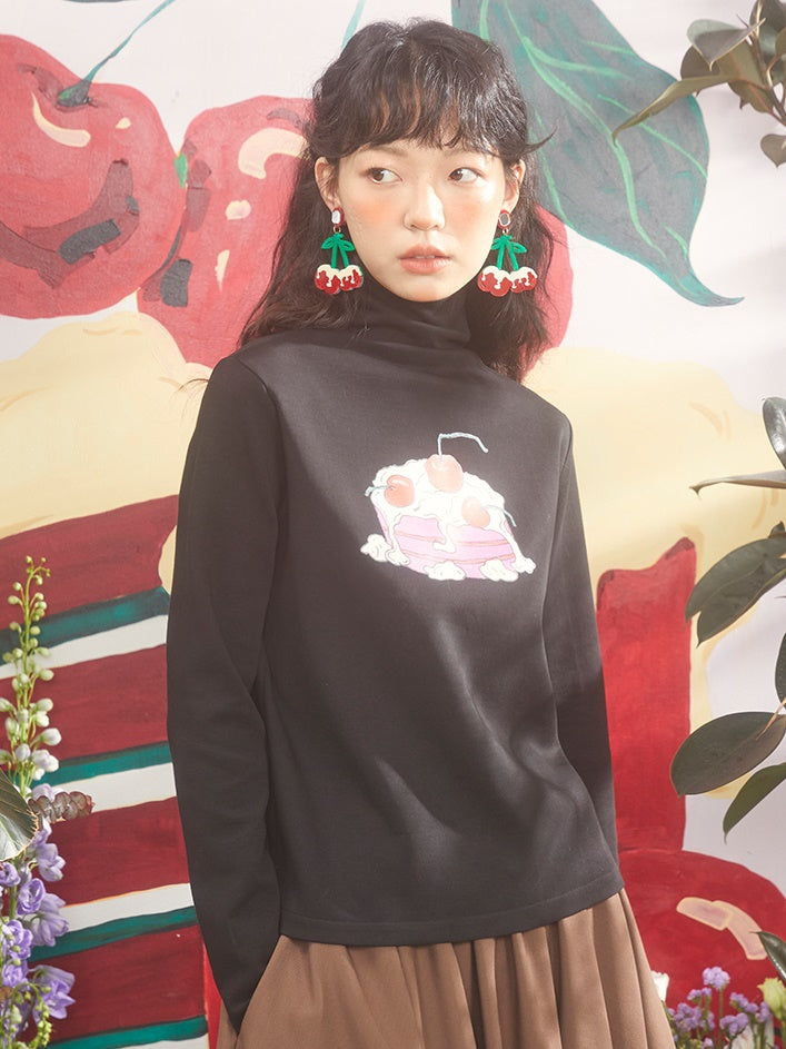 Cherry Cream Cake Print Turtleneck Bottoming Shirt