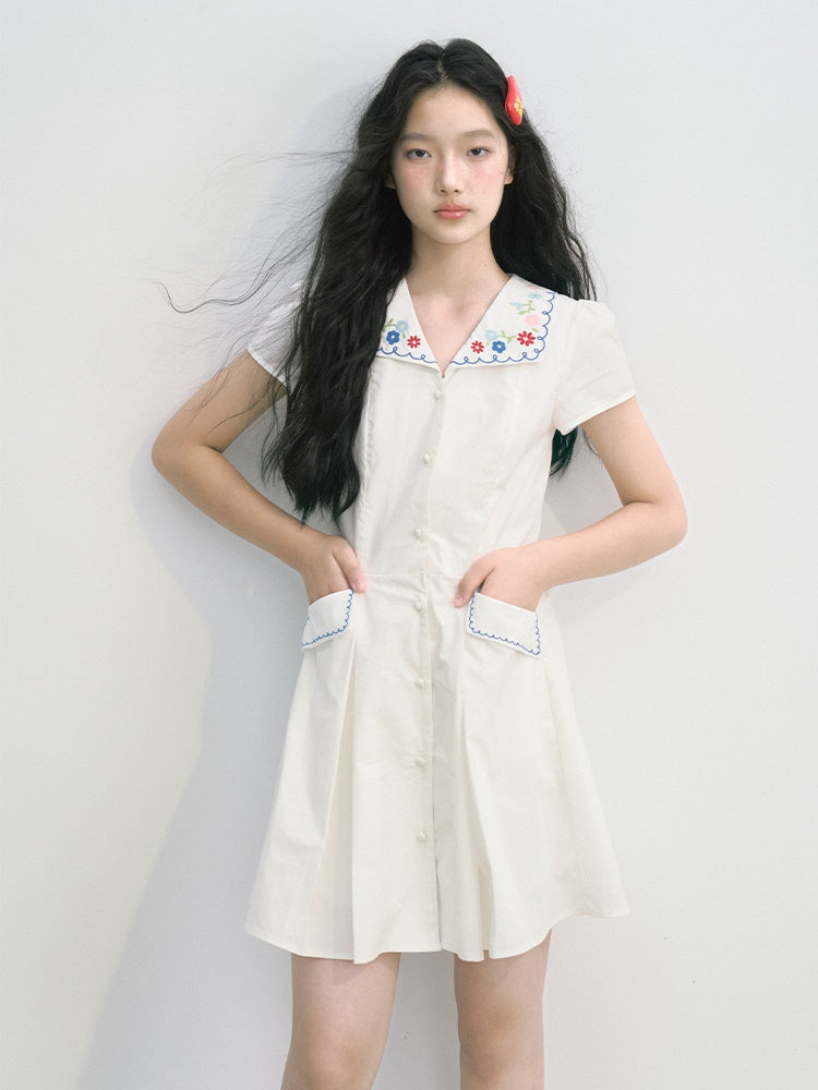 Flower Embroidery Waisted A-Line Shirt One-piece