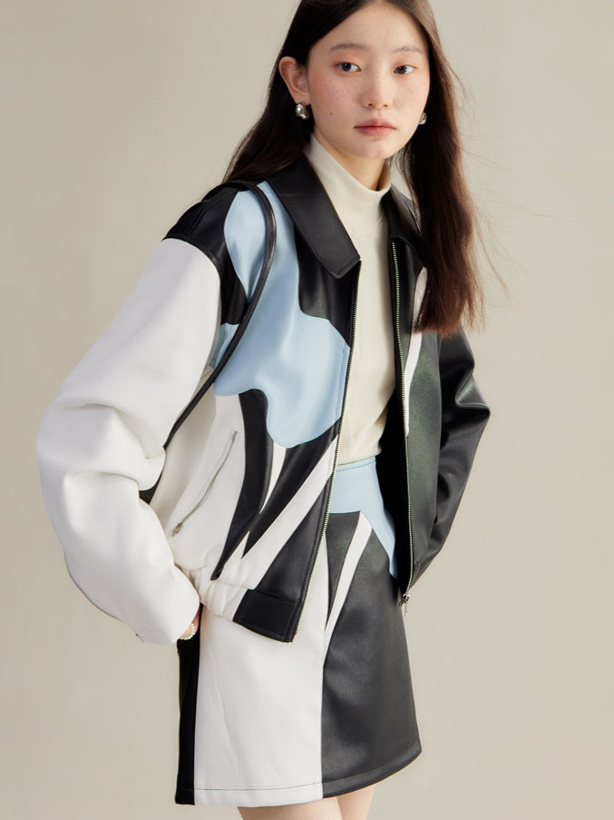 Contrasting Iris Quilted PU Leather Jacket &amp; Skirt