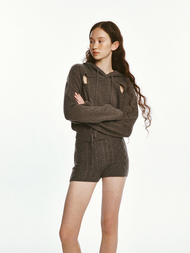 Sporty Cut-out Design Knitted Hoodie &amp; Short Pants