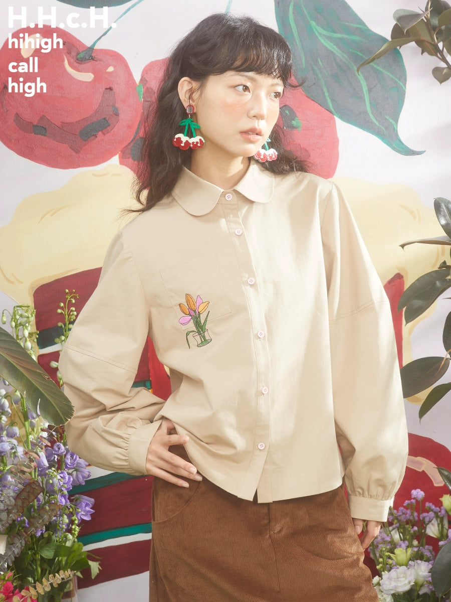 Retro Tulip Embroidered Doll Collar Lantern Sleeve Shirt