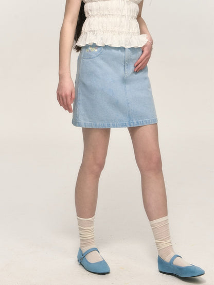 Simple Embroidery A-line Washed Denim Mini Skirt