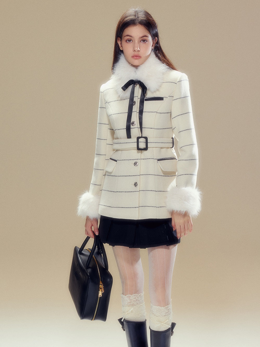 Fur Collar Border Belt Coat