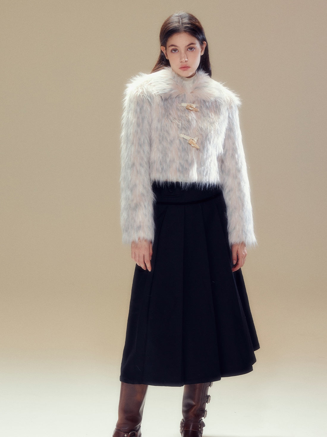 Long Hair Horn Button Friendly Fur Jacket &amp; Box Pleated Skirt