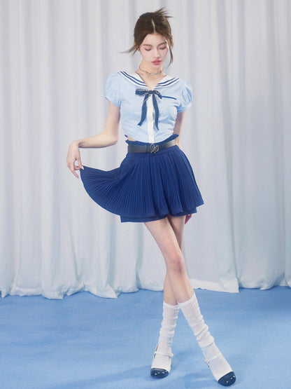 School Girl Puff Sleeve Top &amp; Pleated Skirt