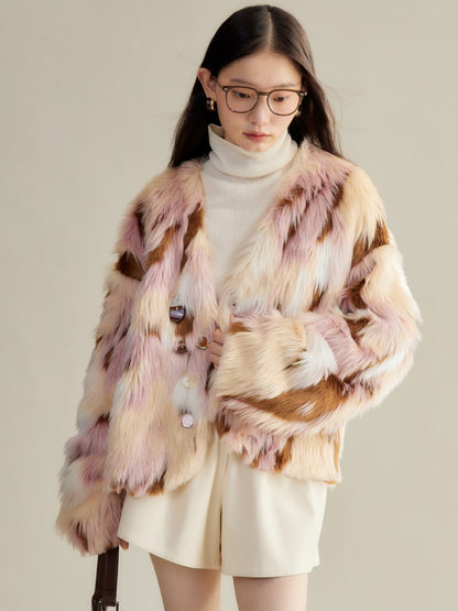 Contrast Color Eco-friendly Fur Short Furry Coat