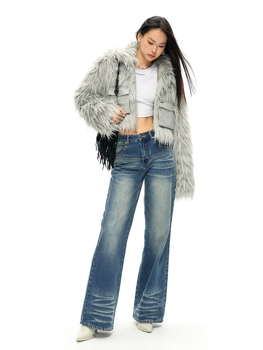 Work Pocket Long Hair Short Eco-friendly Fur Jacket