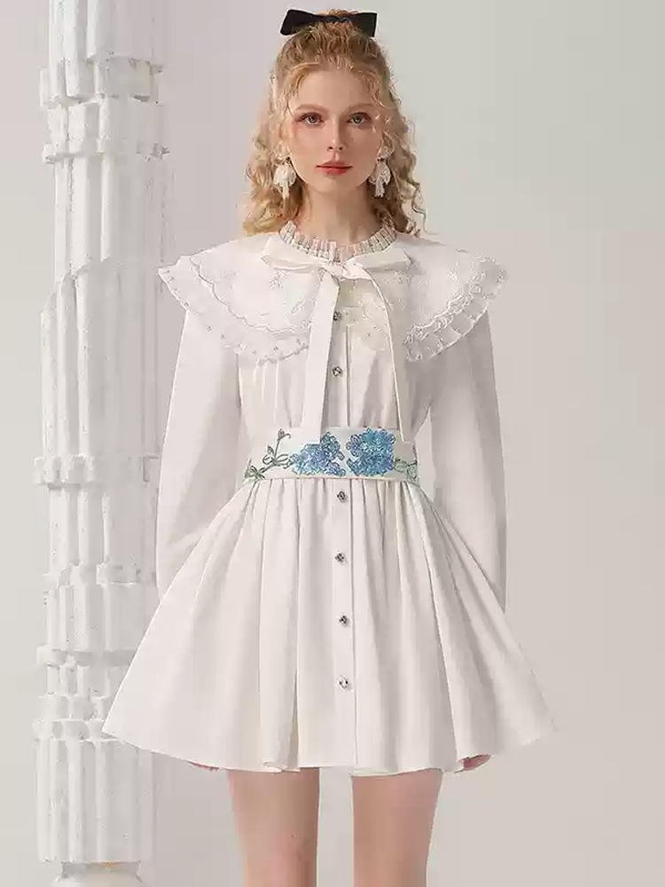 Embroidery Flower Lace Ribbon Shirt Flare Dress