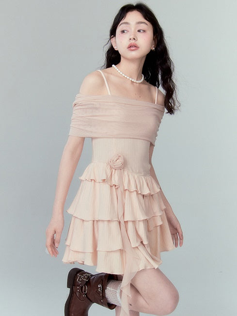 Strap Off-shoulder Ruffle Stitching Dress