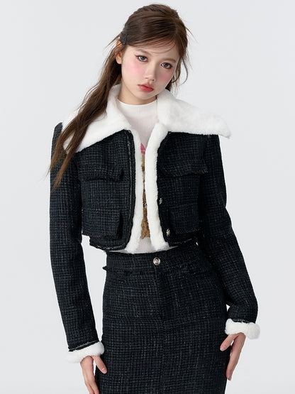 Contrast Color Fur Collar Tweed Padded Jacket &amp; Skirt