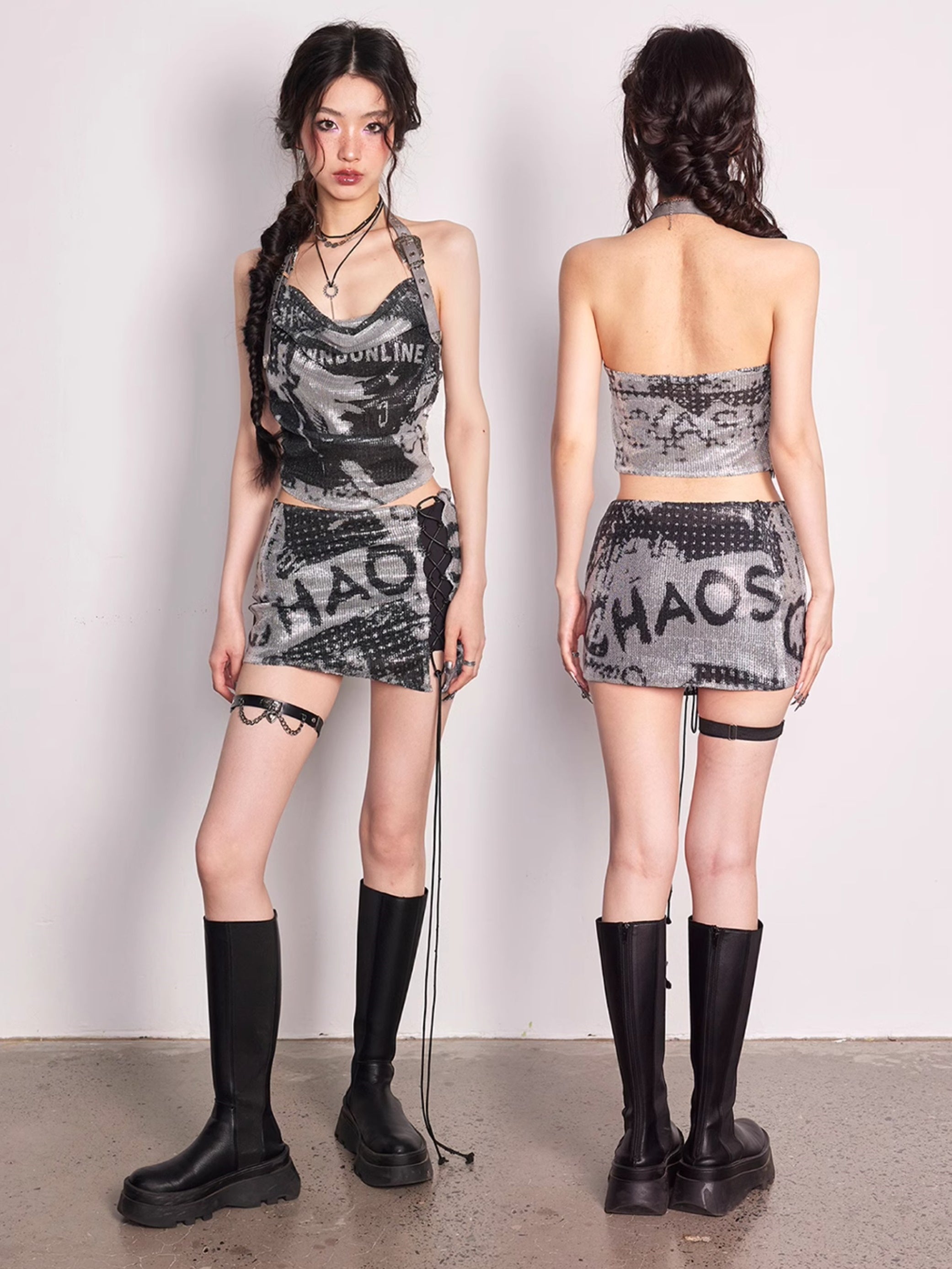 Glänzende Pailletten halbhalter Camisole und Rockrock