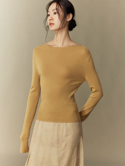 Simple Smooth Rib Boat-Neck Slim Classy Knit