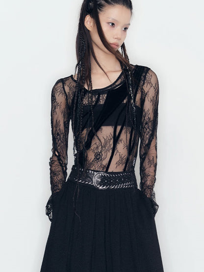 See-through Lace Top &amp; Lace Layered Slip Dress